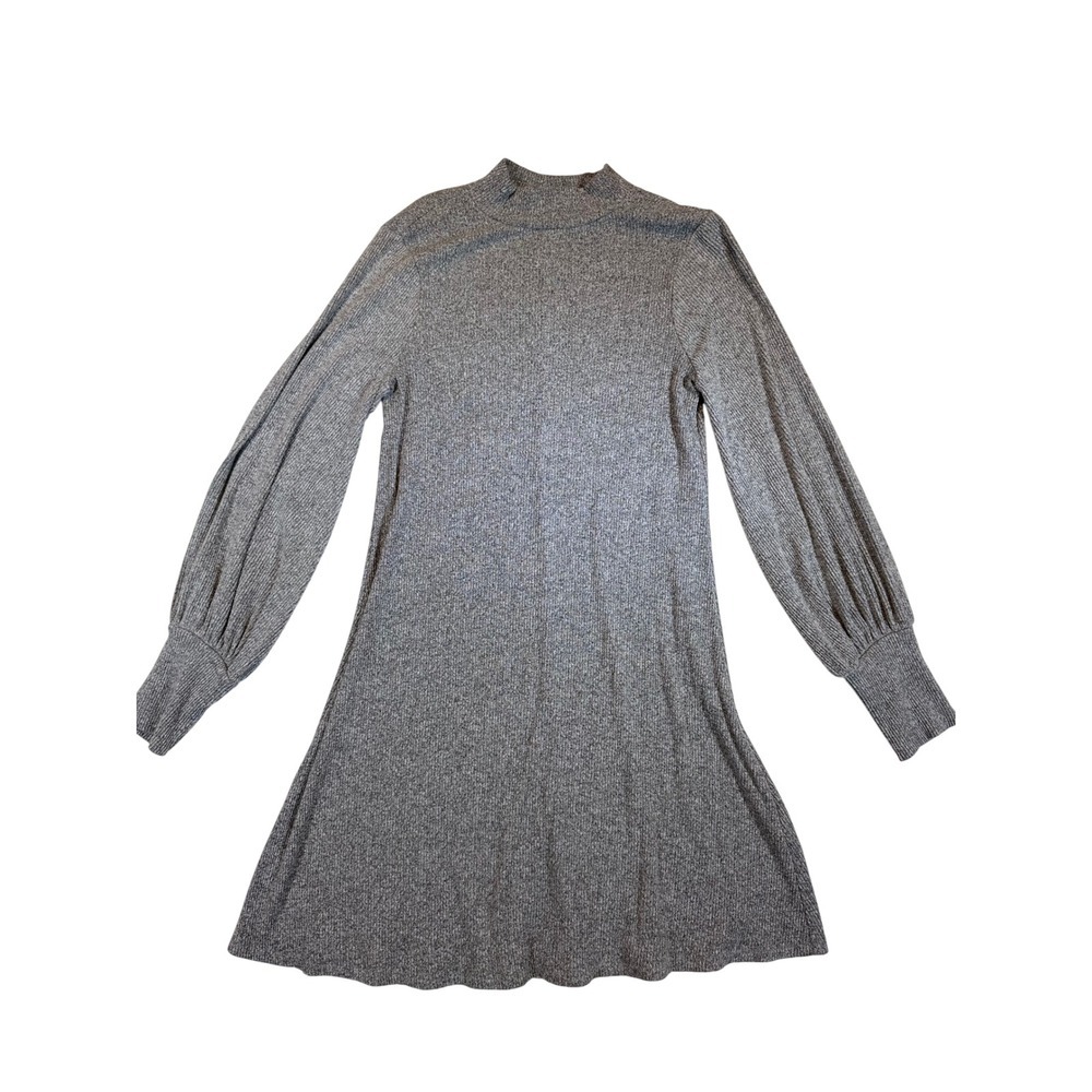 Express Womens Grey Ribbed Mock Neck Puff Sleeve Mini Sweater Dress
